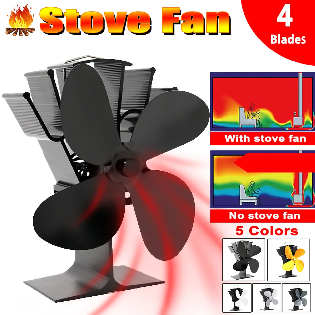 

4 Blade 8.8 Inch Black Fireplace Heat Powered Stove Fan komin Log Wood Burner Eco Friendly Quiet Fan Efficient Heat Distribution