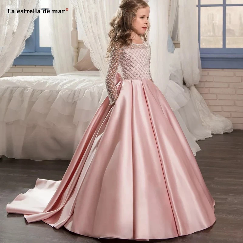 vestido comunion niña new O neck lace satin sleeves beaded A Line pink purple blue flower girl dress long wedding guests gowns | Свадьбы и