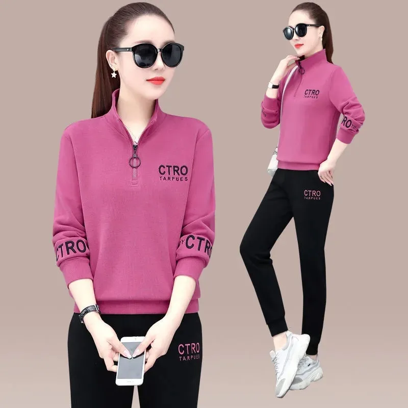 

Spring Tracksuit Two Peice Solid Cotton Sets Fashion Embroidery Zipper Hoodies Autumn Pant Suit Casual Slim Plus Size Outfits