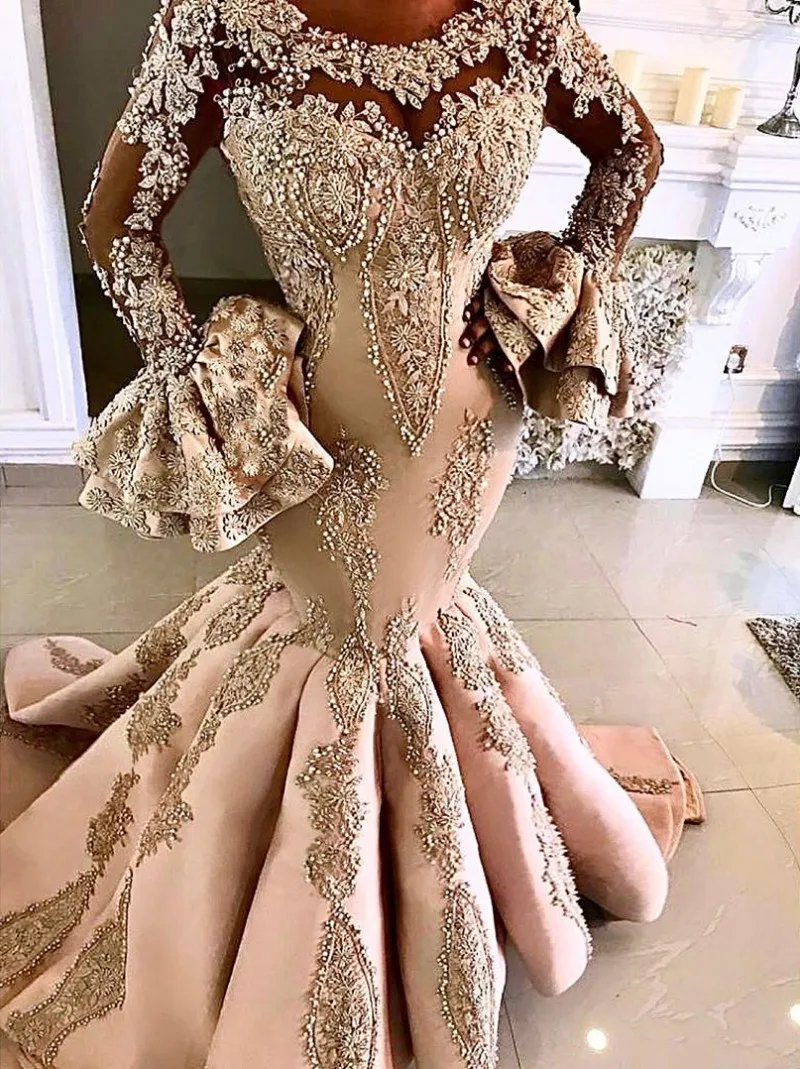 

Dusty Pink Mermaid Evening Dresses Applique Beaded vestidos de fiesta Long Sleeves lace-up Prom Gowns African Robe De Soiree