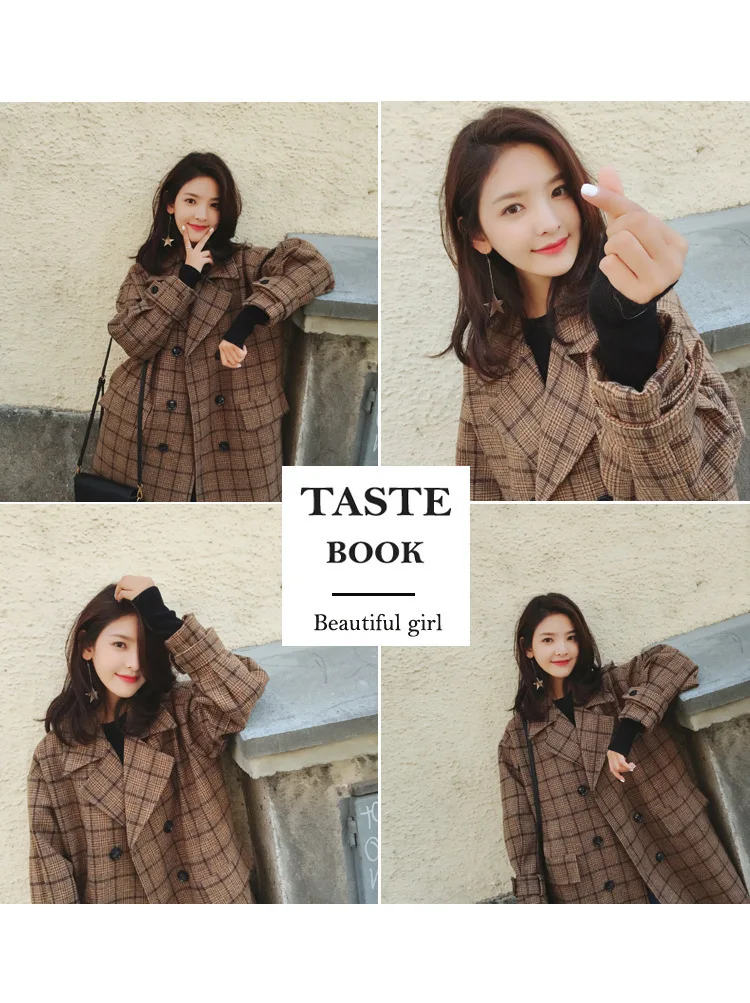 Vintage Plaids Clothes Loose Woollen Coat Women's New Checked Coat Baggy Silhouette Overcoat Tweeds Winter female Outerwear