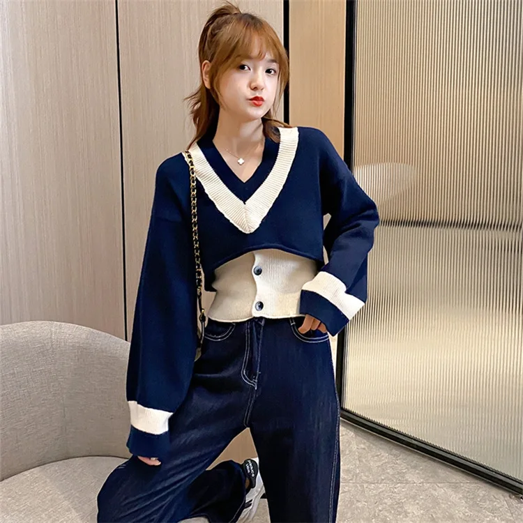 

Knitting Suit Women's Long Sleeve Autumn/Winter V-neck Pullover Women's High Waist Slim-Looking Top Outdoor 2-Piece