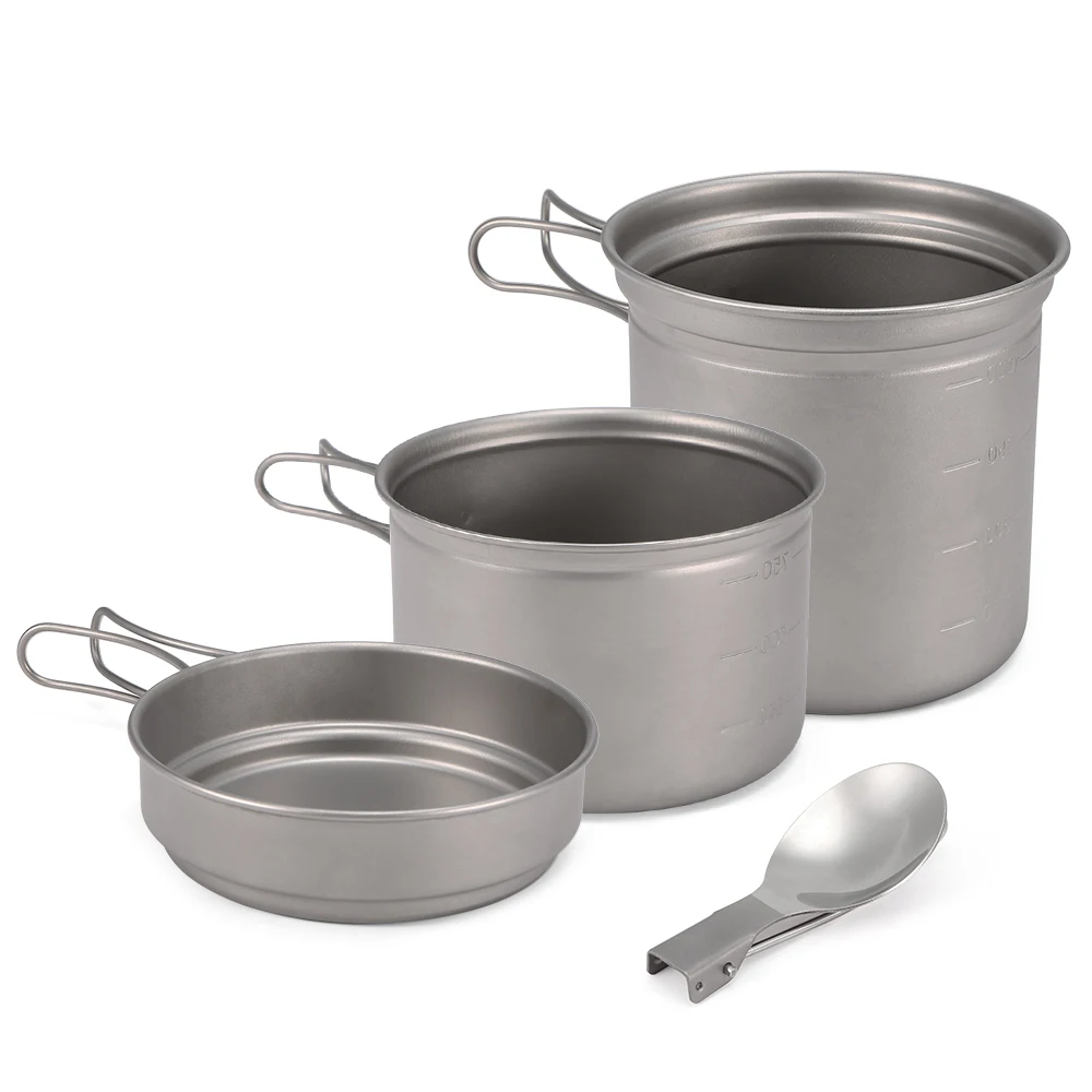 売却 4個チタン調理器具セット1000ミリリットルポットパンスプーンセット屋外キャンプハイキングバックパッキングピクニック調理器具食器