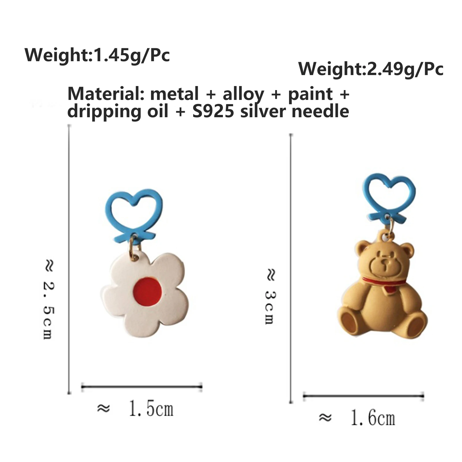 

Cute Earrings Multicolor Bear Animal Peach Heart Flower Asymmetrical For Women Earrings 2021 New Fashion Lucky Jewelry 1 Pair