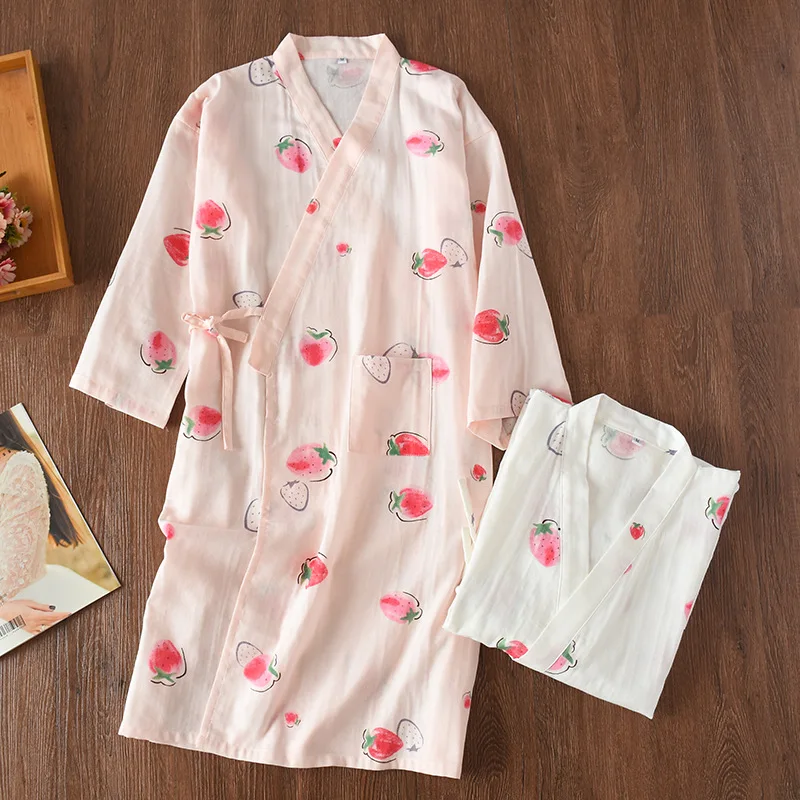 

Shanghai Story Women Cotton Kimono Bathrobe with Pockets Bath Robe strawberry Print nightwear sleepwear 2 Color