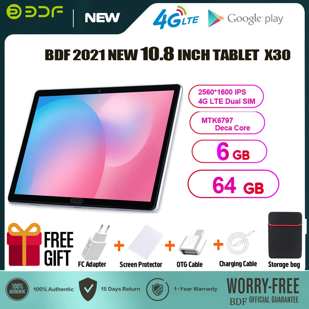 

BDF Android 8.0 Tablet Pc Deca Core 6GB RAM 64GB ROM 10.8 Inch 2560*1600 IPS 4G Network Phone Calls 13MP Rear 5MP Front WIFI GPS