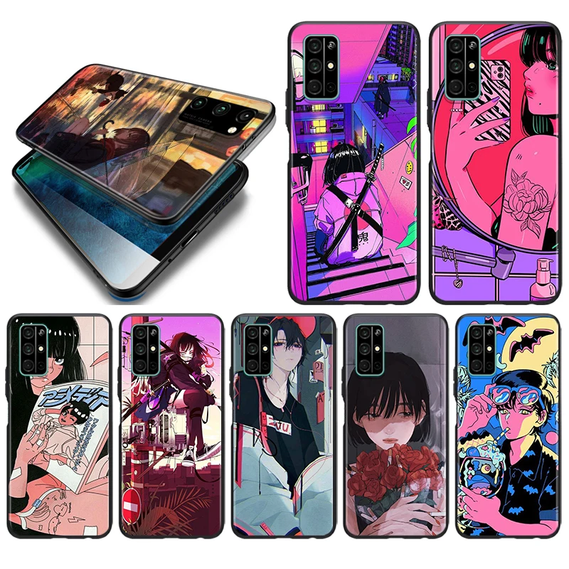 

Anime Neon Color Art Girl Silicone Cover For Huawei Honor 10i 10 9C 9A RU 9X 9N 9S 9 Pro Lite Play 3E V9 Black Phone Case