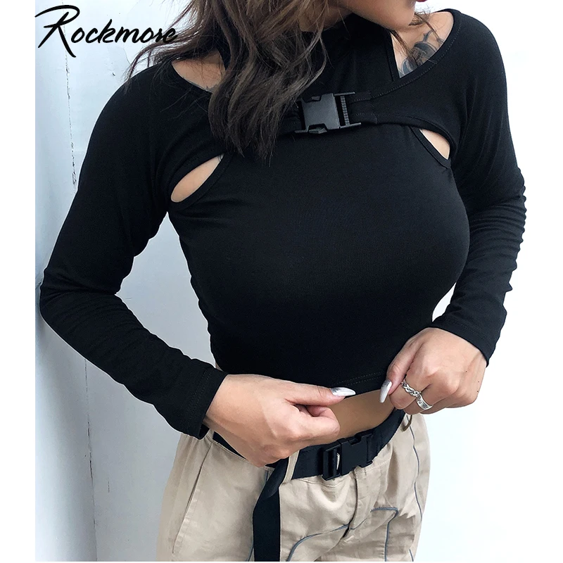Rockmore корейский стиль Харадзюку Черная Женская водолазка футболка с длинным рукавом Femme Базовая футболка открытая Готическая хлопковая укороченная футболка