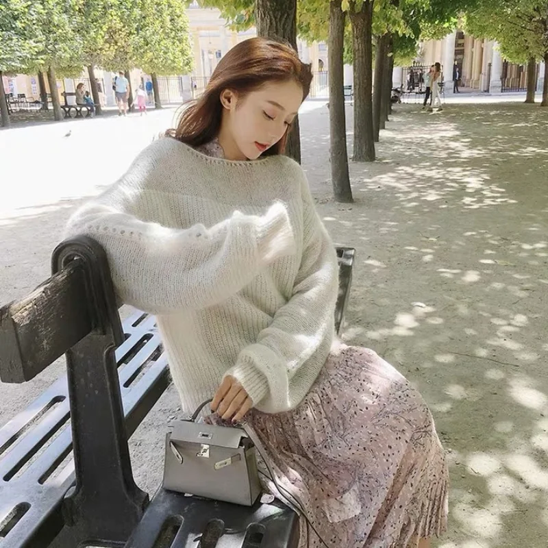 

Women's Sweater Pink Mohair Knit Pullover Oversized Hollow White Fashion Lantern Sleeves Sweet Harajuku Girl Jumpers Fall 2021