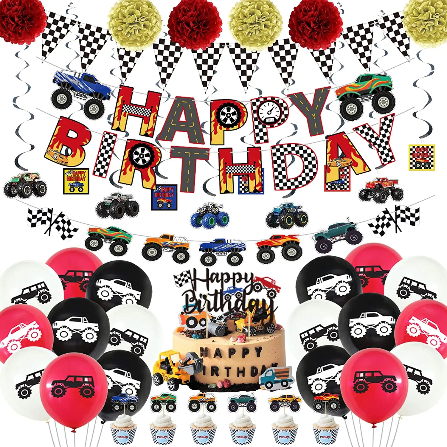 54 piezas de suministros para fiesta temática de camión monstruo, incluye pancartas de feliz cumpleaños, decoraciones de flores de papel hechas a mano y globos de látex