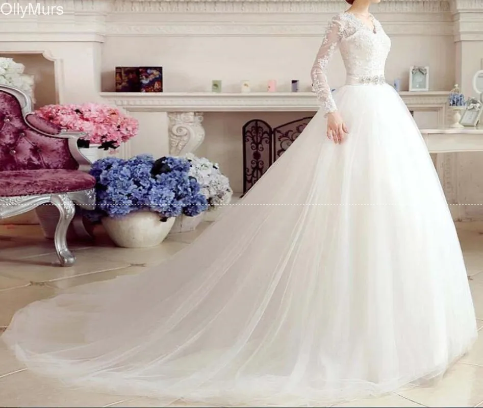 Белый цвет слоновой кости Тюль Свадебные платья трапециевидной формы V шеи суд