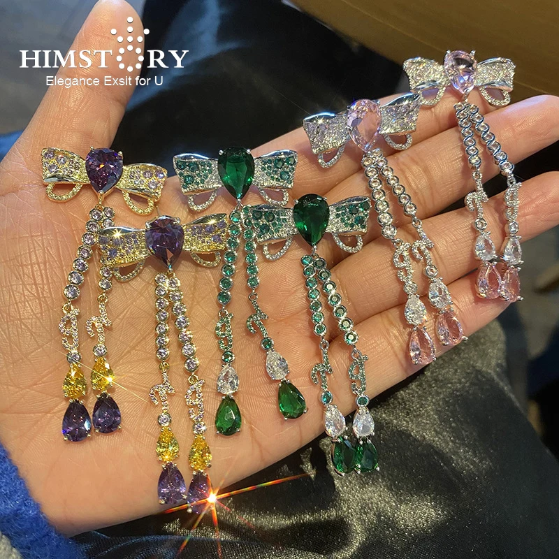 

Himstory Romantic Pink Bowknot Long Waterdrop Earrings Female Green Zircon Copper New Ear Accessories