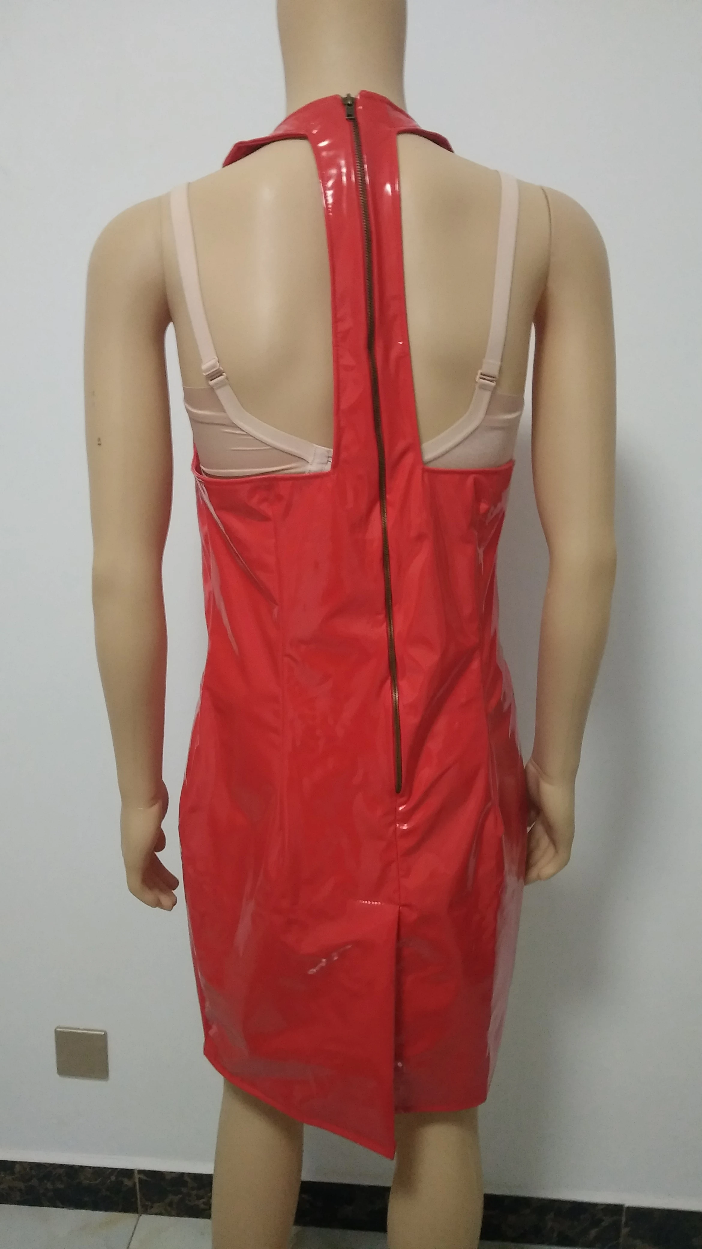 ПВХ искусственная кожа Мокрый женское сексуальное платье с глубоким v-образным