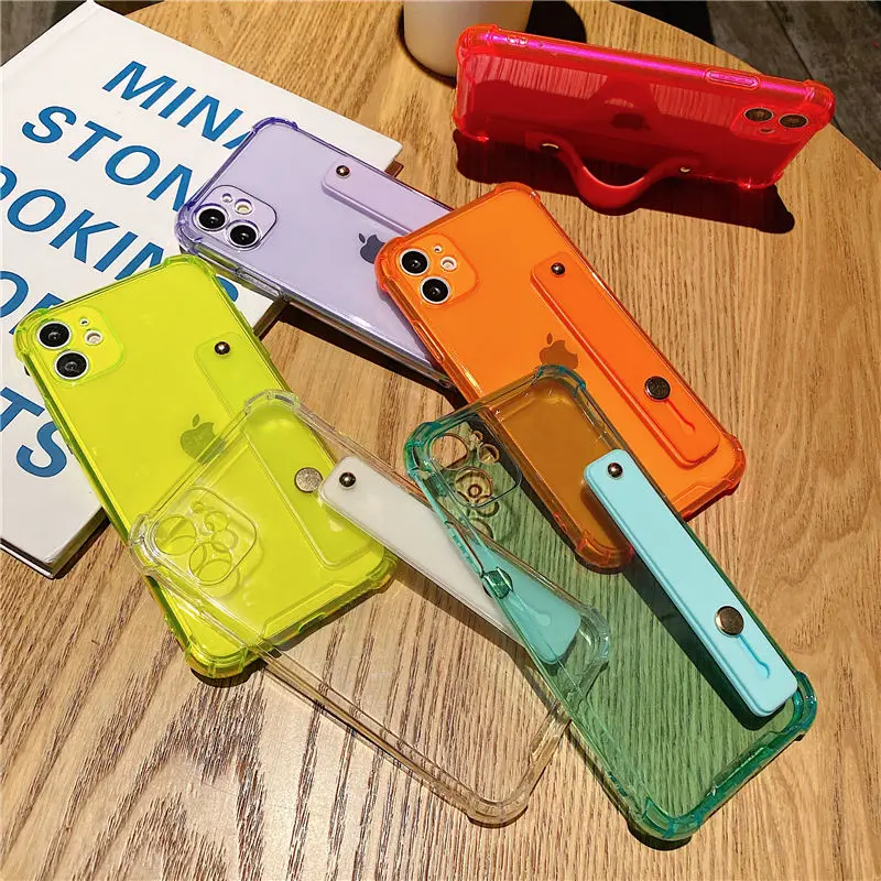 YL WC Wrist Strap Transparent Phone Case For IPhone 11 11Pro Max XR XS Max X 7 8 Plus 11Pro 12 Pro Fluorescent Color Soft Back