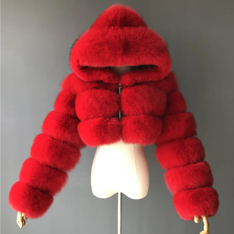 Fashion Hooded Faux Fur Coat Women 2020 Winter Autumn Warm  3XL Blue Furry Overcoat Elegant Plush Crop Jacket Femme