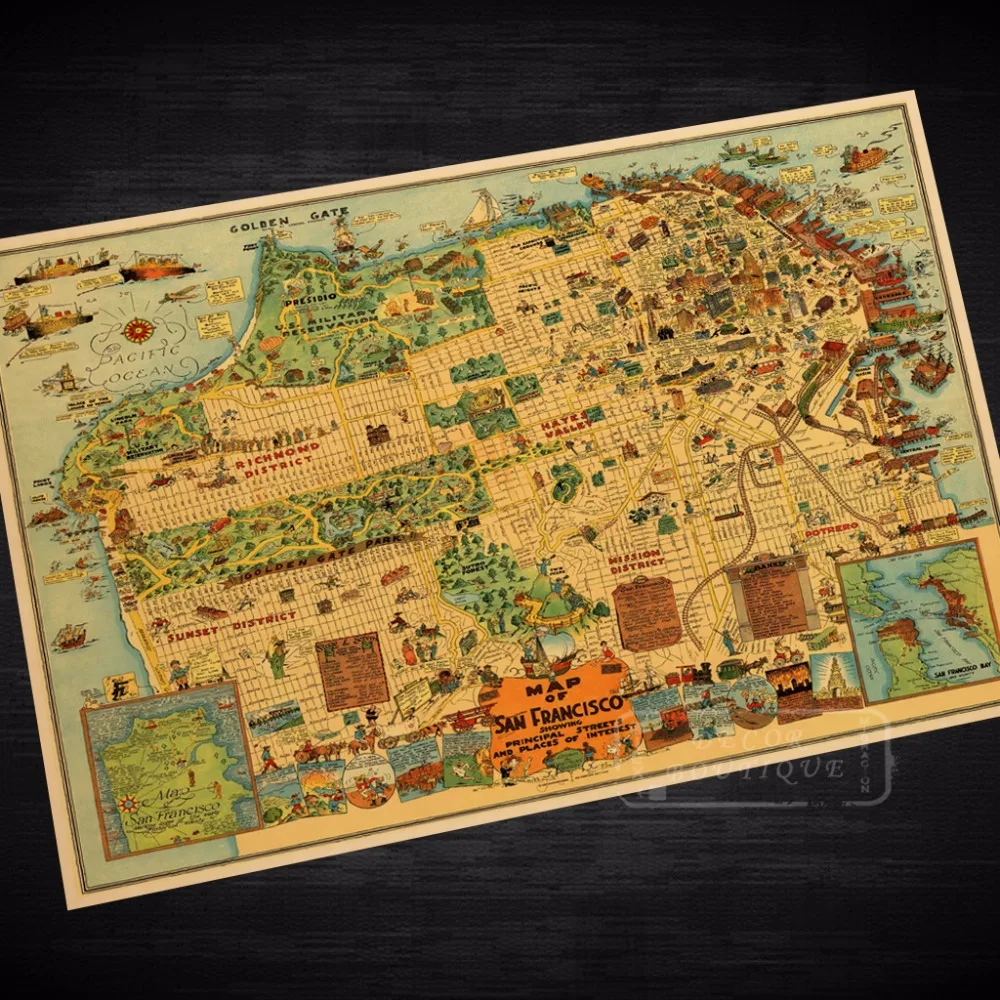 Мультфильм карта Сан Франсиско американский классический винтаж ретро крафт