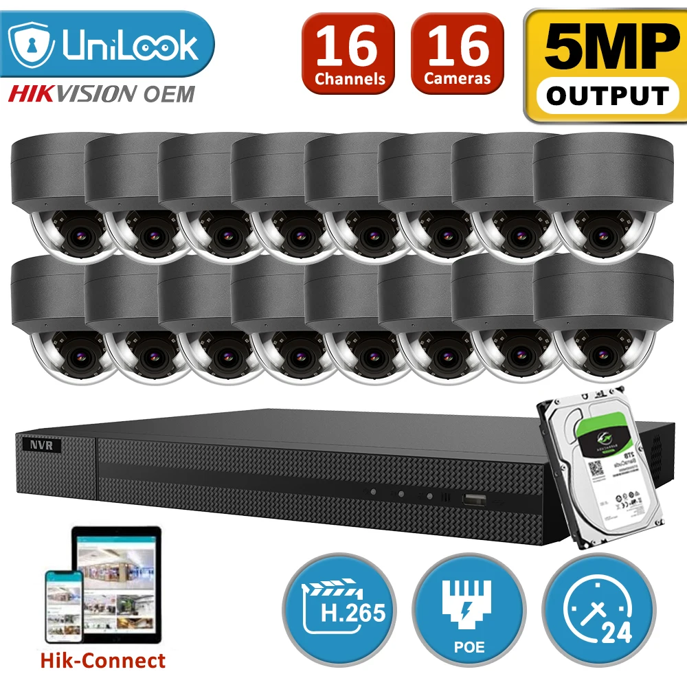 

UniLook 16CH NVR 16Pcs 5MP Gray POE IP Cameras NVR kit Outdoor Security system 2.8mm Lens Motion Detection IR H.265 P2P
