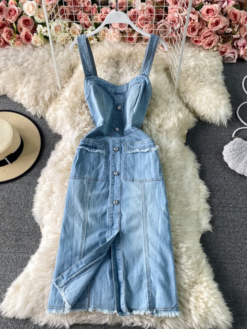 

2021 Spring New Korean Raw Edge High Waist Midi Casual Suspender Denim Strap Tassel Pocket Open Back Chic Jeans Dress