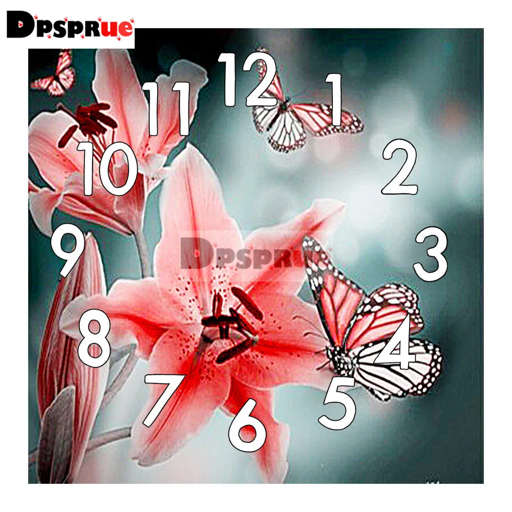 

Dpsprue Full Square/Round 5D Diamond Painting Kit With Clock Cross stitch Diamond Embroidery Mosaic Flower Gift DC019