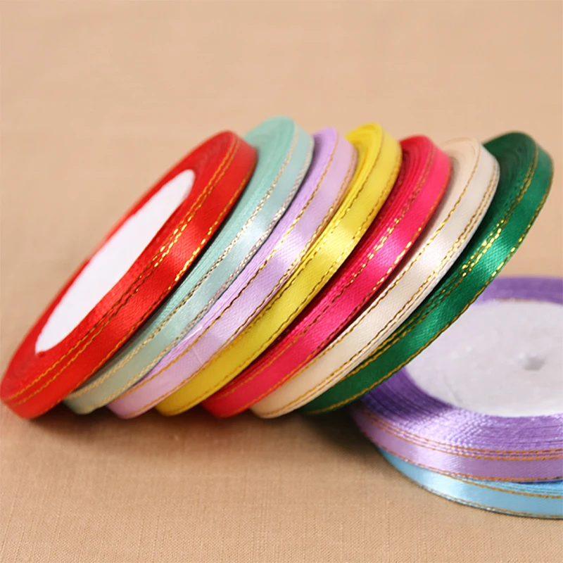 Атласные ленты с золотистыми краями 6 мм 22 метра в рулоне для свадьбы Рождества