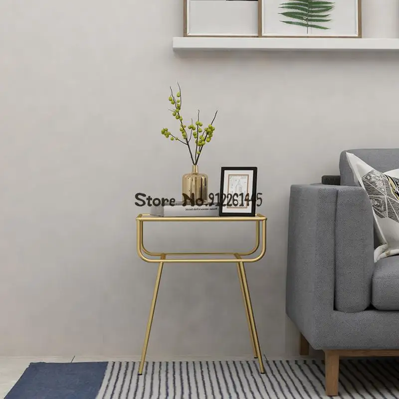 Sofa Side Table Nordic Iron Double-layer Tempered Glass Small Tea Modern Simple Living Room Cabinet Movable Tabl | Мебель
