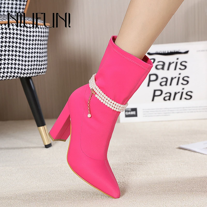 

Pointed Thick High Heels Mid Tube Ankle Boots 3 Color Pearl Beaded Chain Slip-On Women's Autumn Boots Elastic Fabric Women Boots