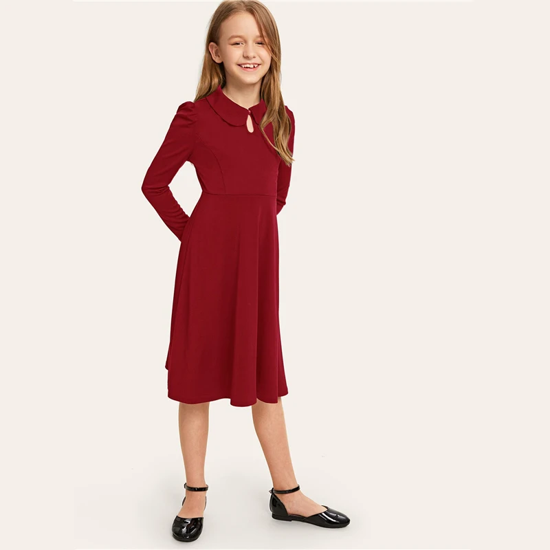 SHEIN Kiddie/красное однотонное расклешенное платье с оборками, трапециевидной формы, с поясом, летнее праздничное платье, рукав-волан, с пуговицами на спине, платья-миди для девочек