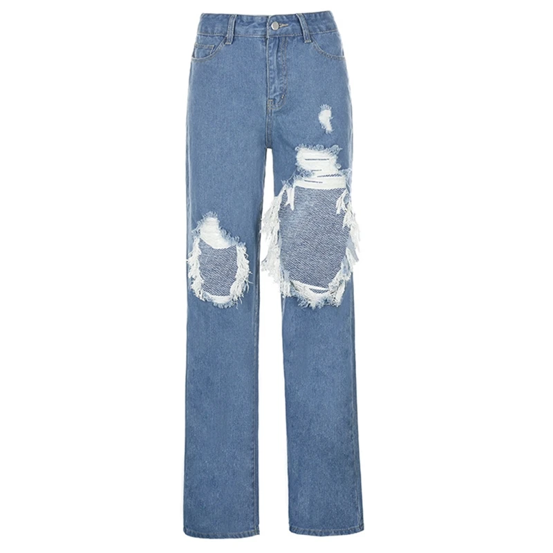 

Women High Waist Wide Leg Straight Jeans Asymmetric Ripped Hole Denim Long Pants X7XC