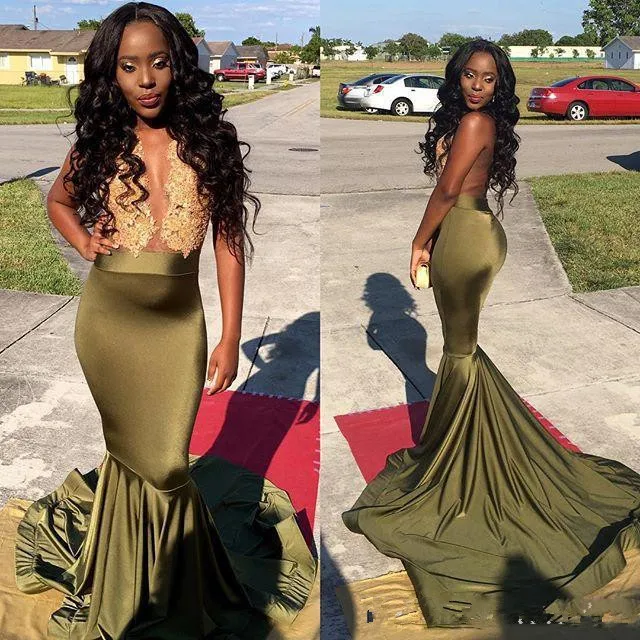 

Olive Green African Prom Dresses 2019 Gold Lace Appliques Mermaid vestidos de gala Formal evening Party gowns long prom dress