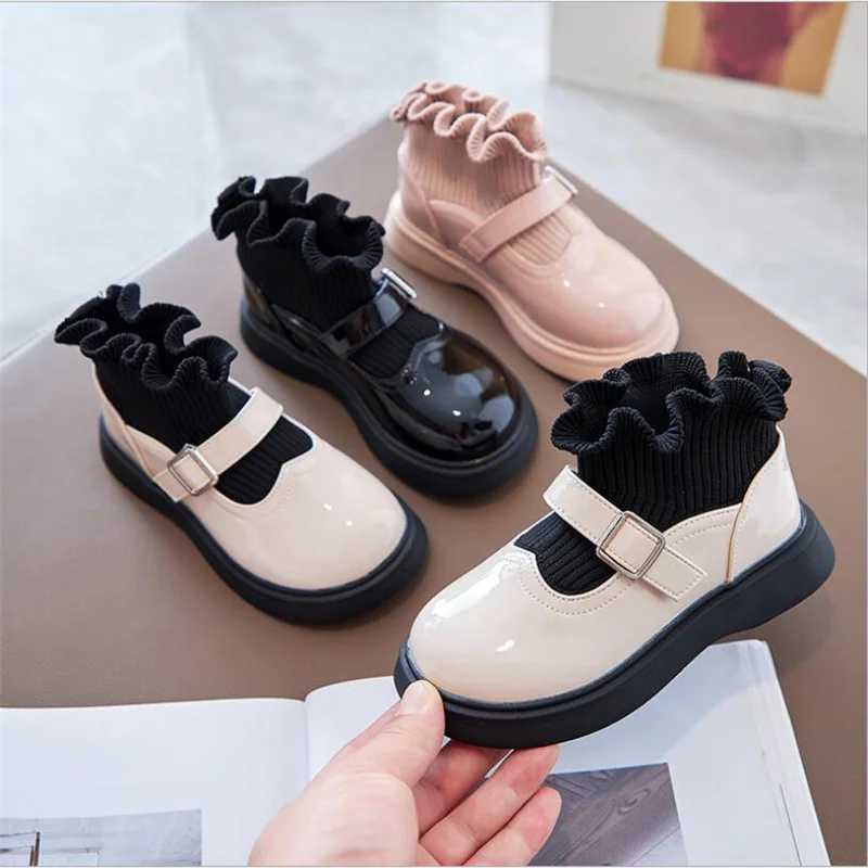 

Children's fashion knitting lace Patent leather small leather shoes Girls soft-soled non-slip Girls Western style princess shoes