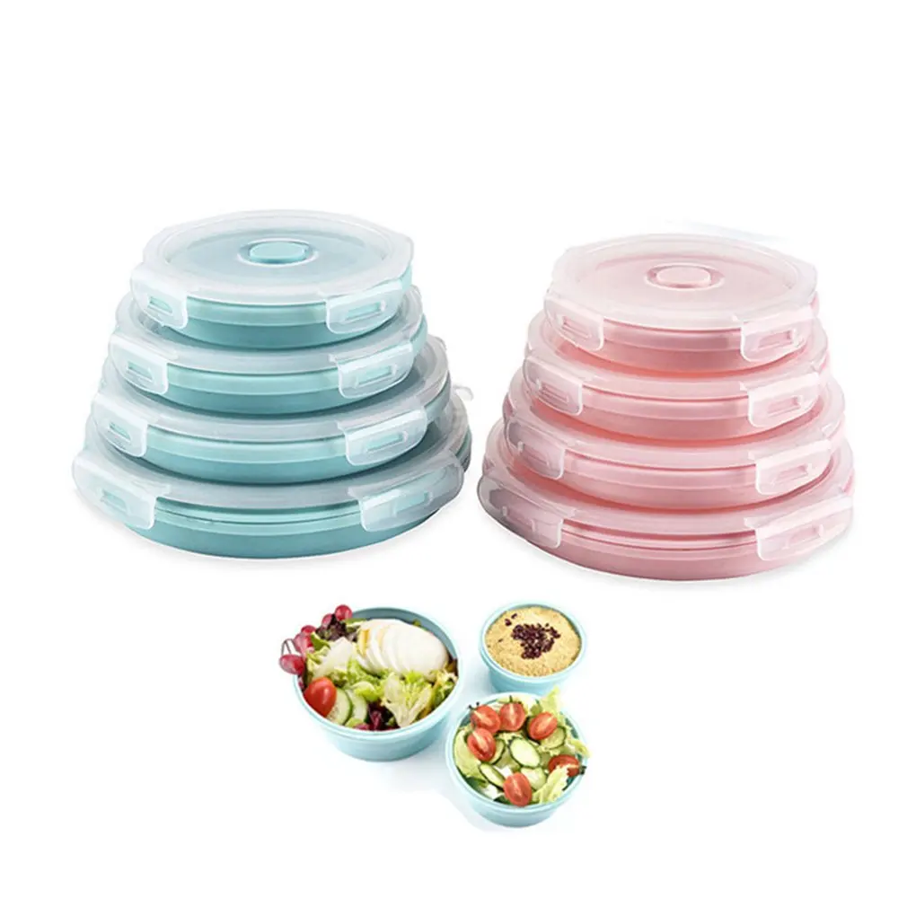 Fda Portable Folding Lunch Box Round Silicone Lunch Box Microwave Lunch Box Plastic Refrigerator High Temperature