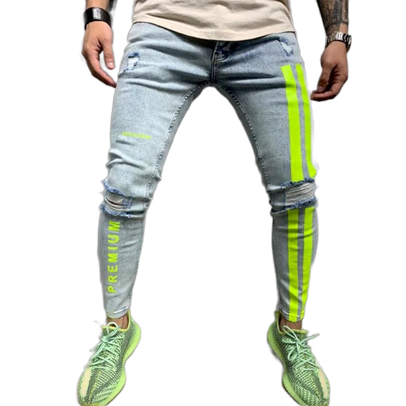 

Jeans Men Skinny Striped Zipper Denim Hole Wash Vintage Hip Hop Work Trousers Slim Printed jeans European Big Size