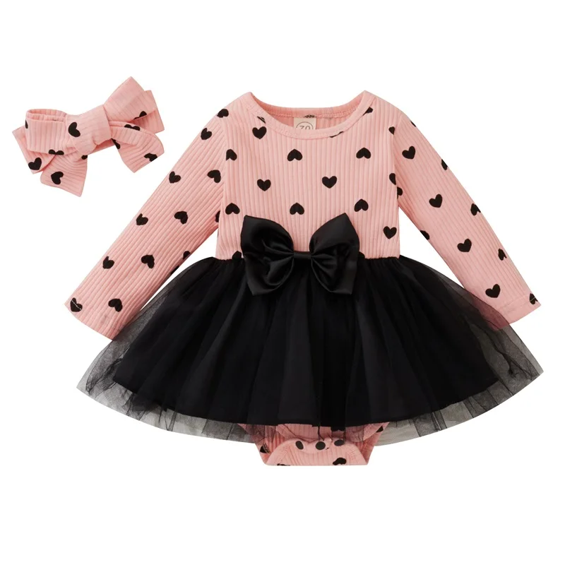 

Sweet Style Baby Girls Outfit, Infant Heart Printing Bow Mesh Splicing Long Sleeve Round Collar Romper + Headwear Set