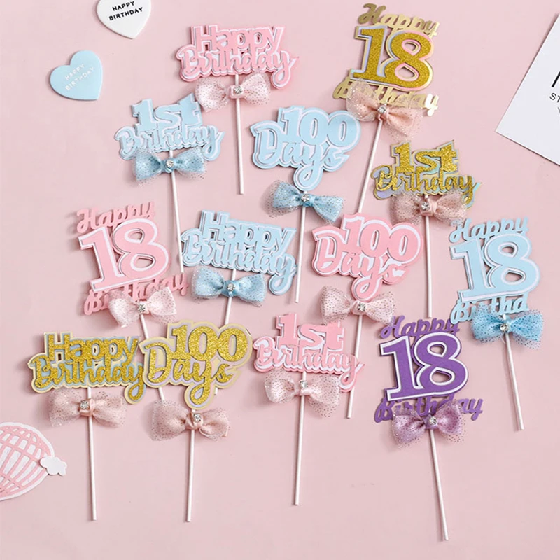 

1 Year 100 Days 18 Years Bow Glitter Paper Cake Topper Child Birthday Decoration Party Supplies Baby Shower Adult Ceremony