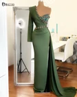 Соблазнительные вечерние платья-русалки с длинным рукавом, новинка 2021, платье на одно плечо с кристаллами, вечернее платье с высоким разрезом в арабском стиле Дубаи
