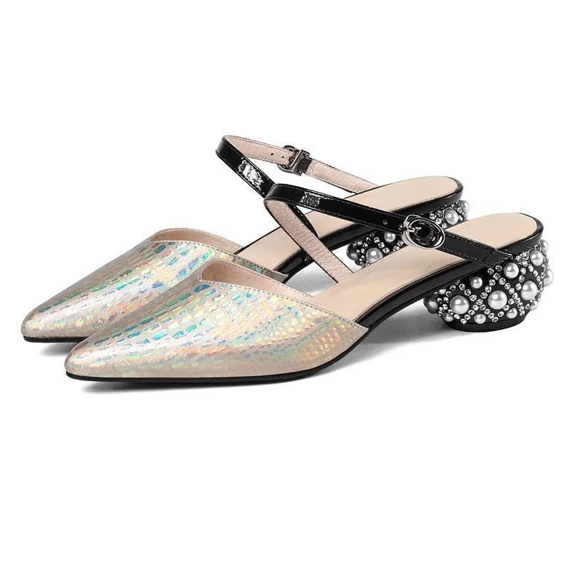 

High Quality Summer Sandals Shoes For Women 2021 New Fashion String Bead Med Heels Pointed Toe Gold Dress Party Wedding Shoes 42