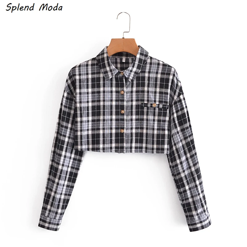 

Splend Moda 2021 Autumn New Preppy Style Turn Down Collar Contrast Color Plaid Single-Breasted Short Shirt For Women Casual