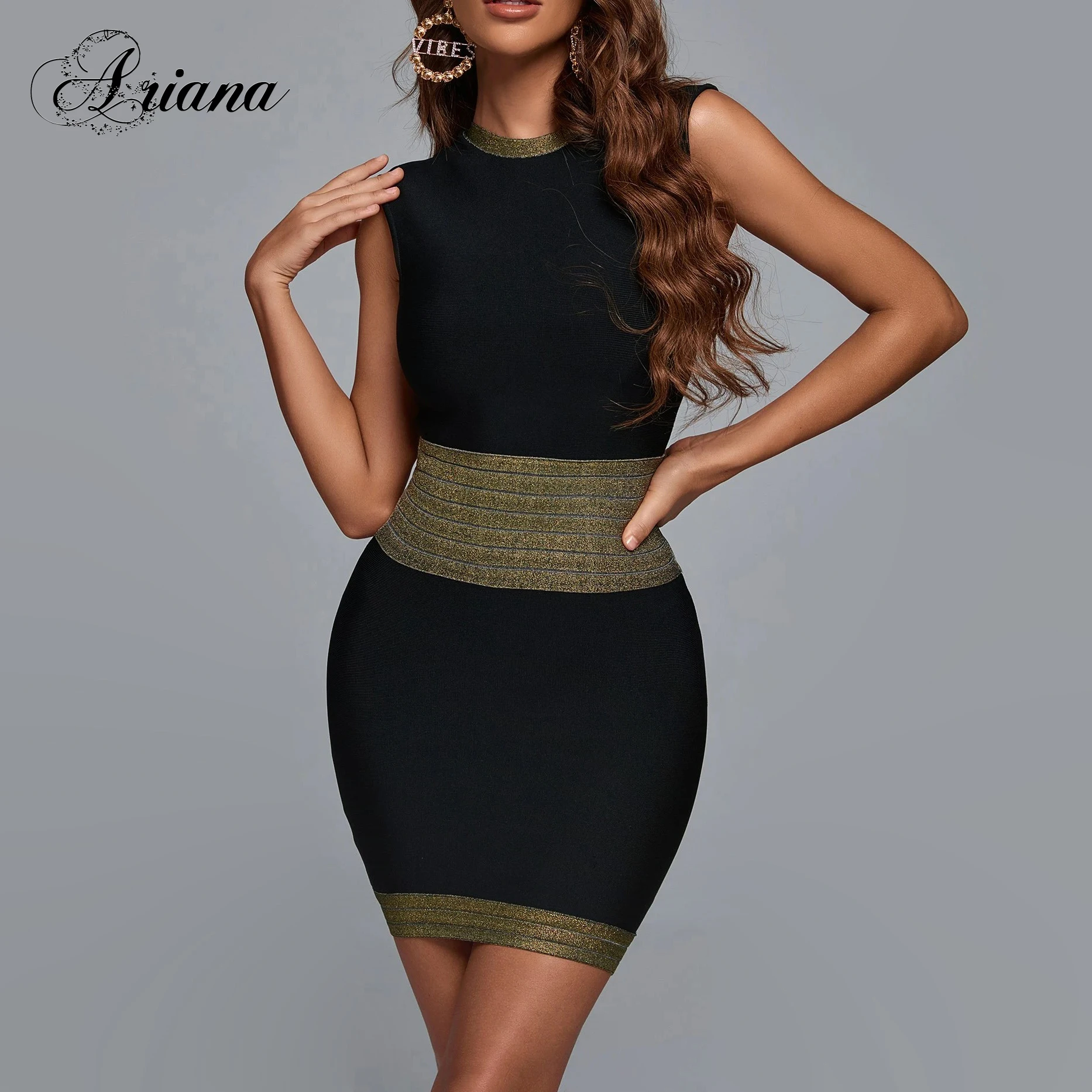 

ARIANA Graceful Women Round Neck Sleeveless Gold Silk Pattern Edge Elastic Fibric Evening Formal Bandage Dress