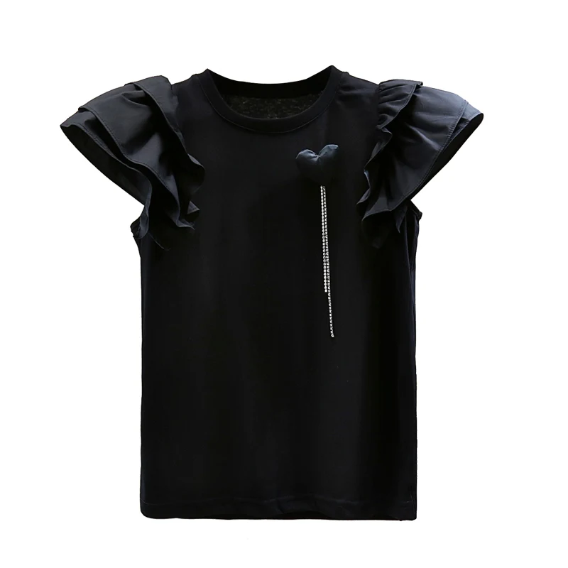 

Ruffled Patch Sleeveless T-shirt for Women 2021 Summer Korean Style Round Neck Heart Shape with Diamond Chain All-Match Top Tees