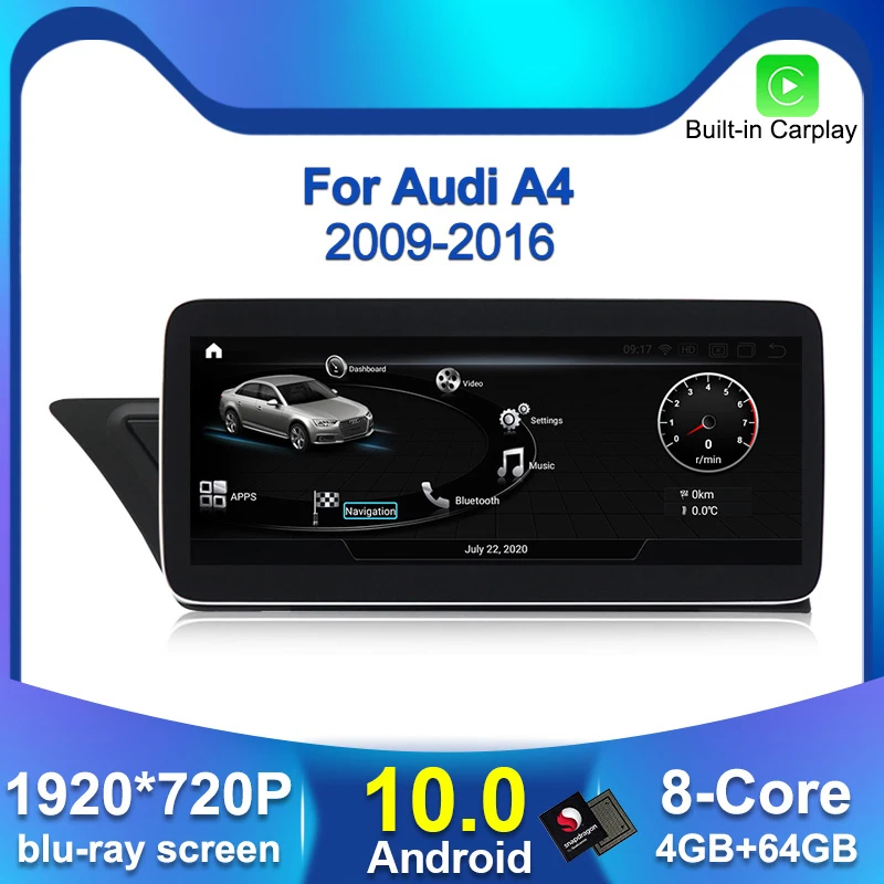 

Автомобильный мультимедийный плеер 1920 x 720IPS, экран 10,25 дюйма, Android 10, 4G LTE, 4 + 64 ГБ памяти, GPS-навигация, стерео радио для 2009-2016 Audi A4 B8 A5