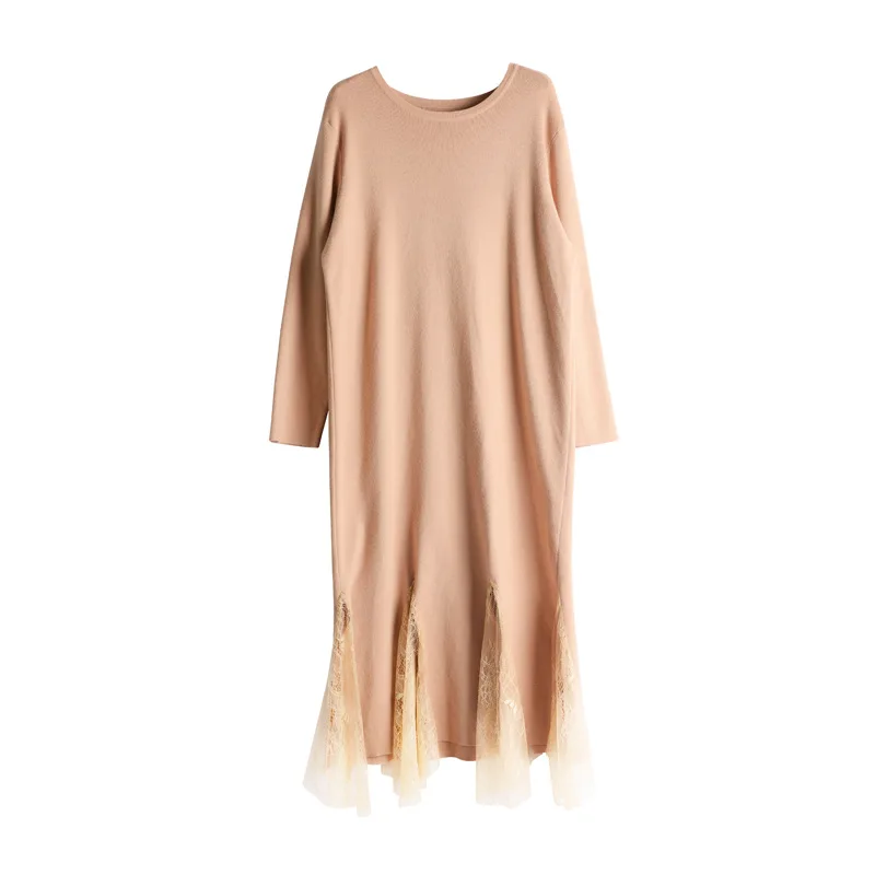 

Sweater dress autumn and winter new arrival loose lace stitching fairy fishtail dress knitted dress autumn F9292