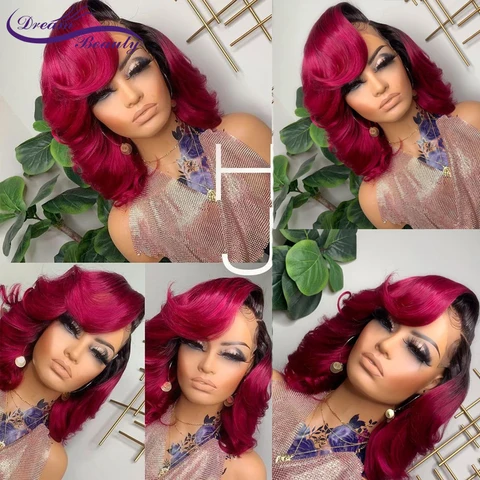 Розово-красный бразильский парик из человеческих волос для женщин, короткие волнистые волосы в виде Боба, 13x 4, парики на сетке спереди, плотность 180%, парики на сетке без клея