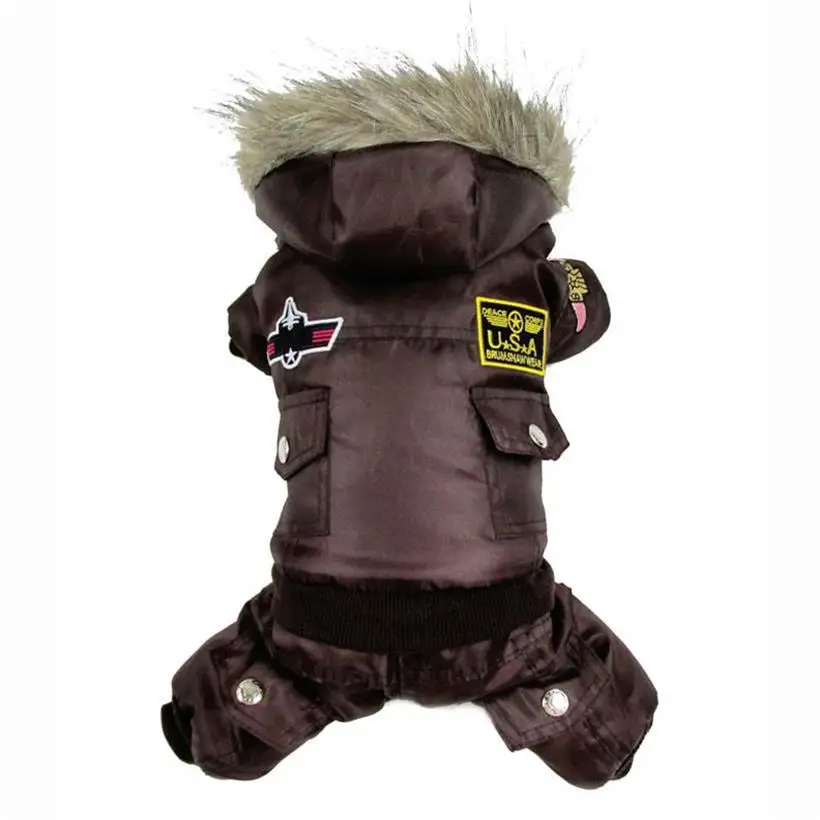 

Brown Small Dog Apparel Airman Fleece Winter Coat Snowsuit Hooded Jumpsuit Waterproof Outdoor Padded Dog Cat Parka Jacket Cloth