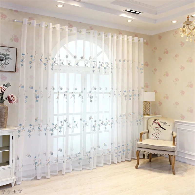 Белая сетчатая занавеска с вышивкой и синими цветами для гостиной современные