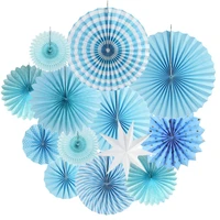 13pc blue paper fan rosettes set paper star photo backdrop hanging decorations forboy birthday baby shower wedding nursery decor