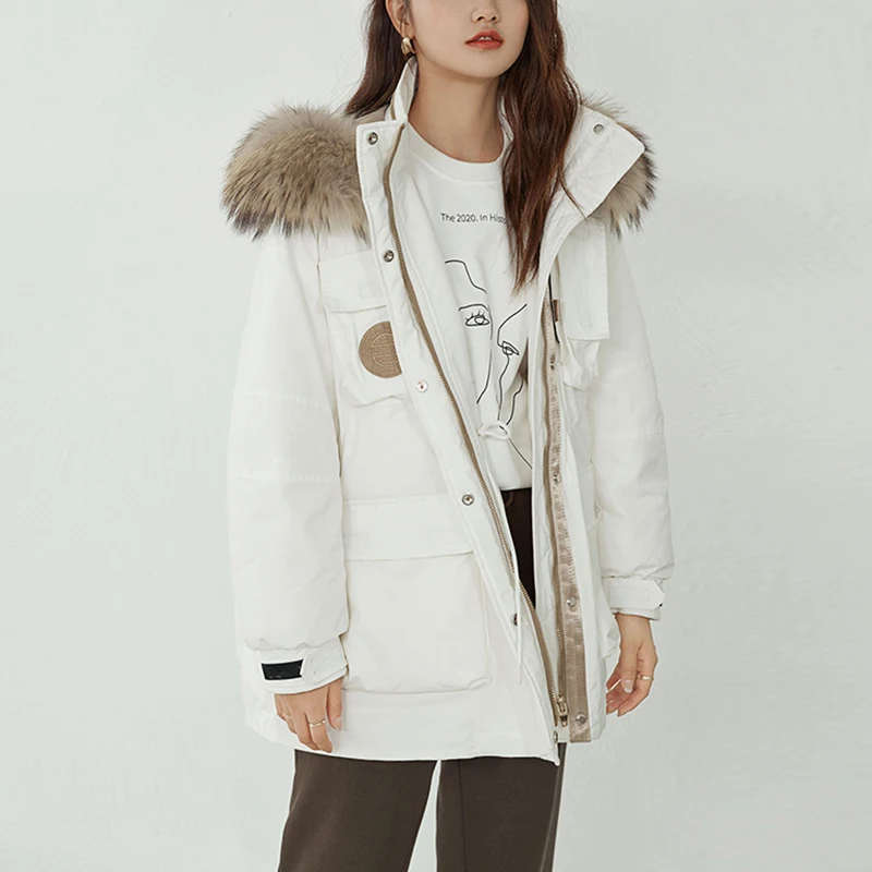 

2021 Women Winter 90% White Duck Down Coat Large Natural Fur Hooded Jacket Thick Coat High Waist Loose Windbreak Warm Outwear