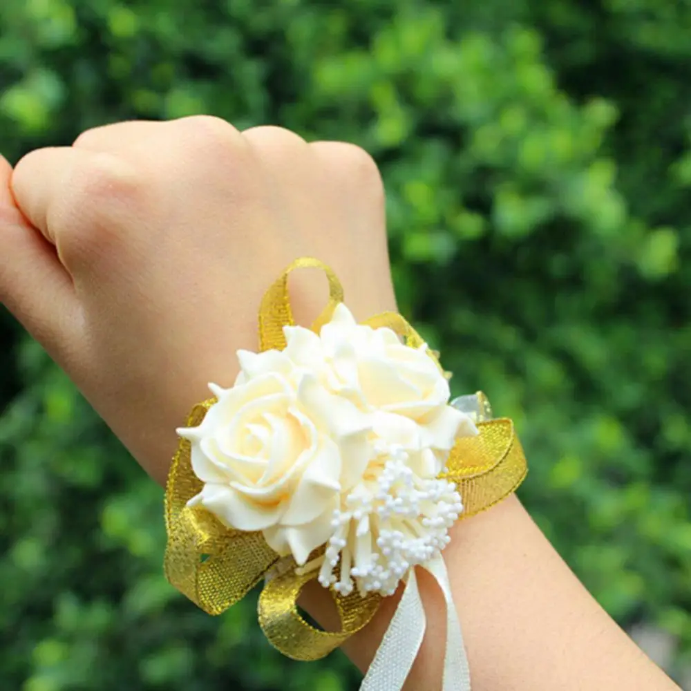 

1PC Foam Rose Flowers Bridal Bridesmaid Wrist Corsage Wedding Party Ribbon Bracelet Artificial Flowers Decor