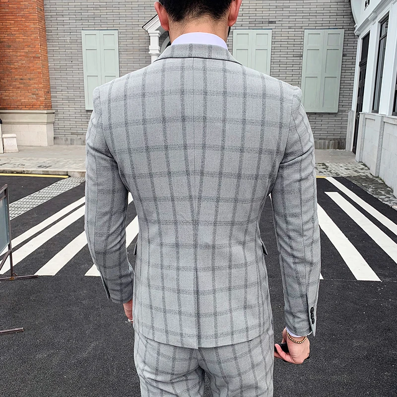 Элегантный Черный, серый цвет Клетчатый костюм «Человек Осень Slim Fit Мужские свадебные костюмы костюм 3 предмета Homme костюмы для торжественных случаев для Для мужчин Q176