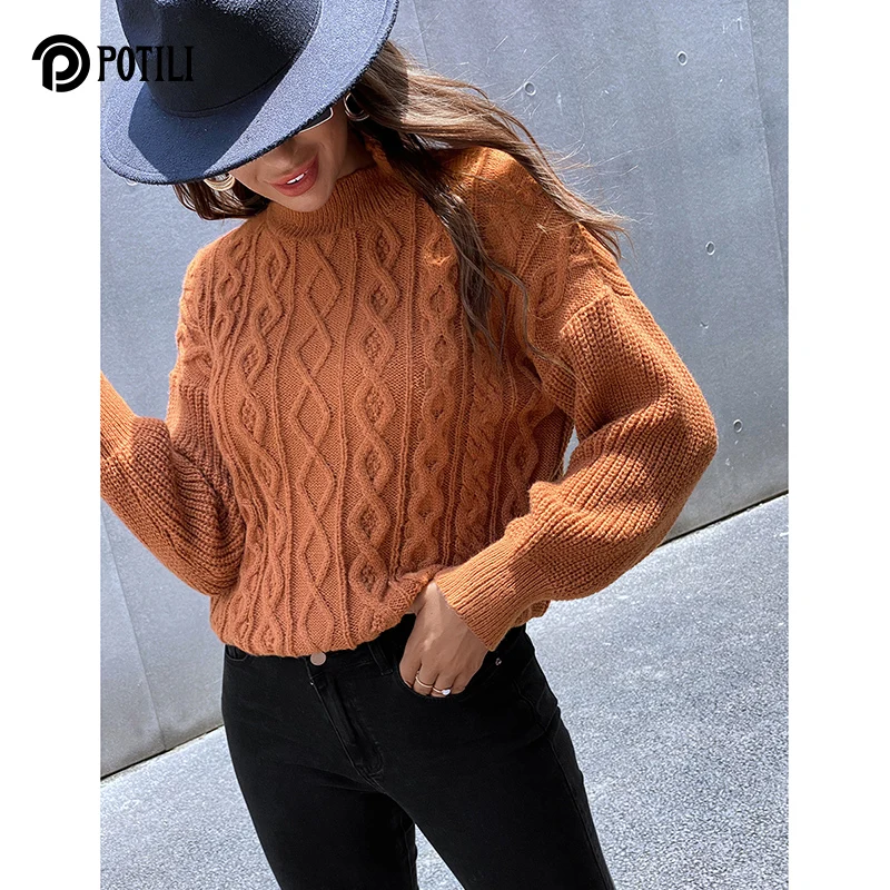 

Женский Теплый свитер POTILI с круглым вырезом, сезон осень-зима, однотонный коричневый вязаный джемпер, Женский Повседневный базовый пуловер,...
