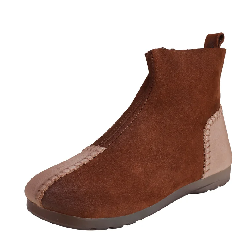 

2020 autumn Winter Round Head Ankle Boots Women's Genuine Leather Fashion Boots Flat Boots Retro Color Matching Single Boots